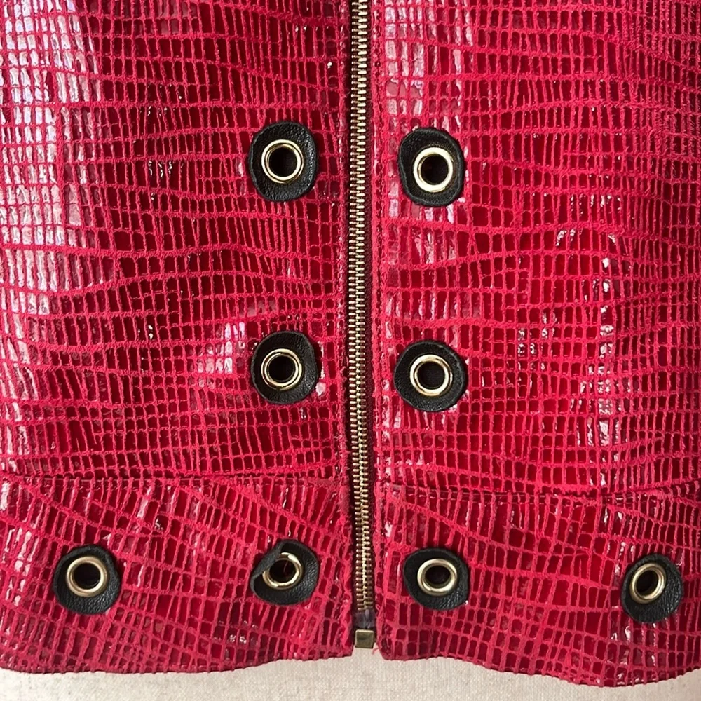 St John Couture Red Embossed Leather Jacket Grommet‎ Moto Zip SZ 6-8